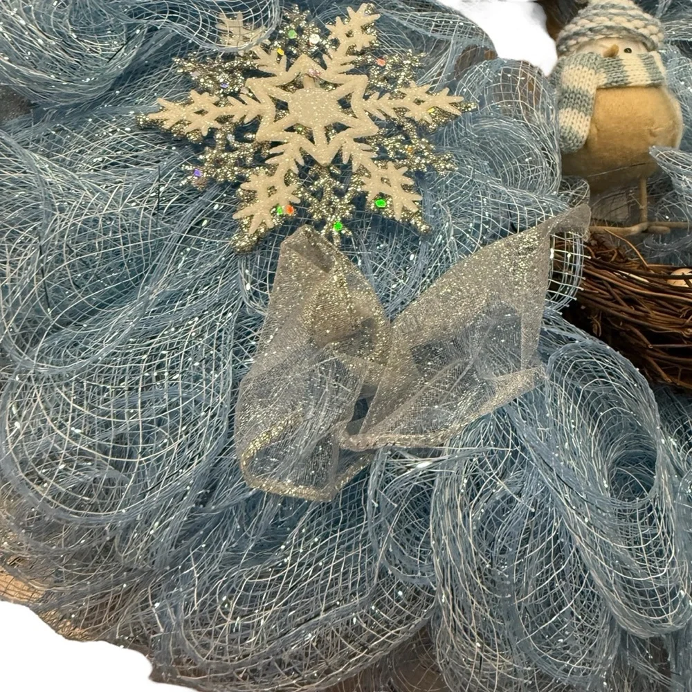 Handmade Winter Bird Deco Mesh Wreath Blue, White & Snowflake Decor 21